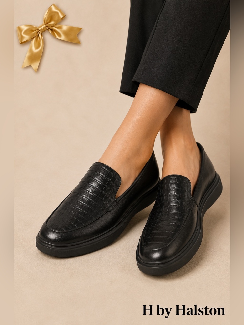 H by Halston Black Leather Ryleigh Slip On Flat Size 5